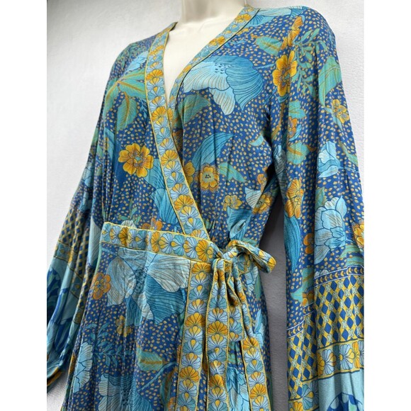 Nine Lives Bazaar Allure Maxi Wrap Dress Size 10 Blue Floral Boho Long Sleeve - Picture 9 of 16